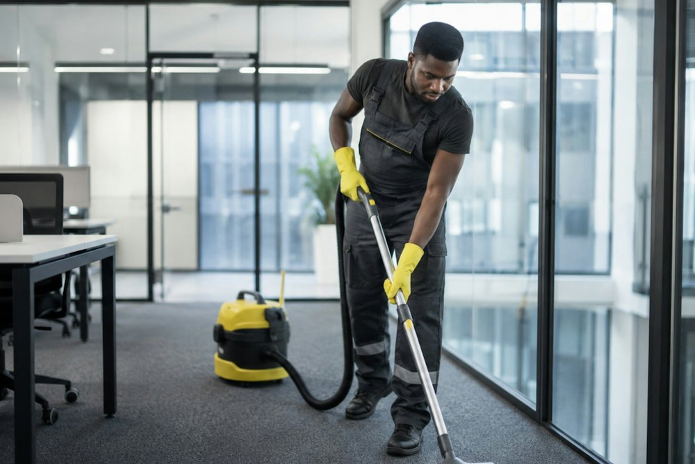 Commercial cleaner in yellow gloves vacuuming a carpeted office floor